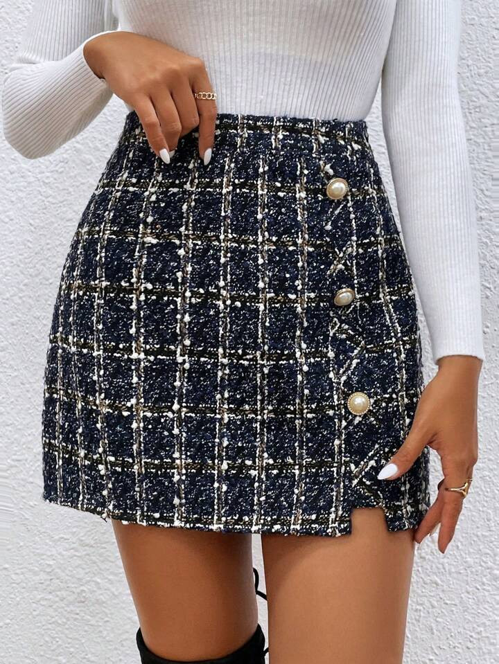 SHEIN Privé Plaid Pattern Button Detail Tweed Skirt | SHEIN