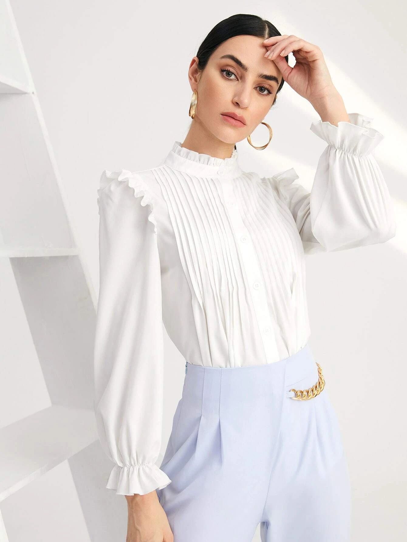 Solid Pleated Ruffle Trim Blouse | SHEIN