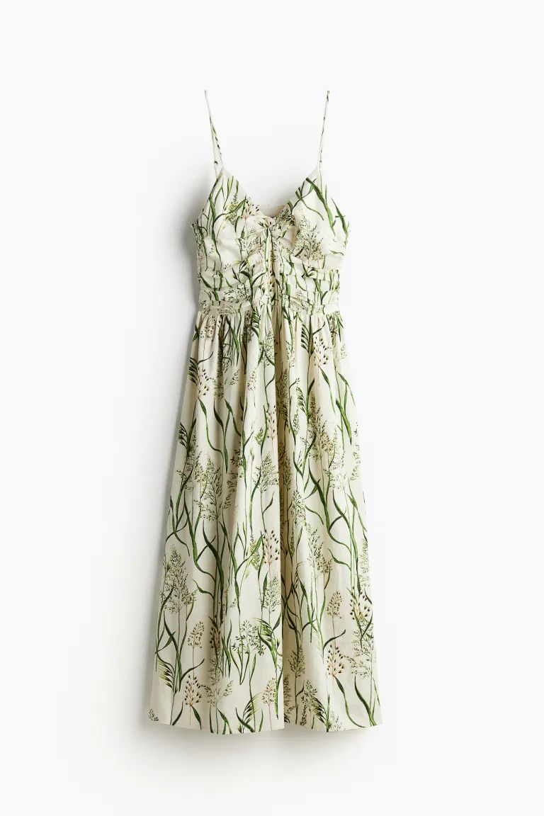 Linen-blend Strappy Dress - Cream/green patterned - Ladies | H&M US | H&M (US + CA)