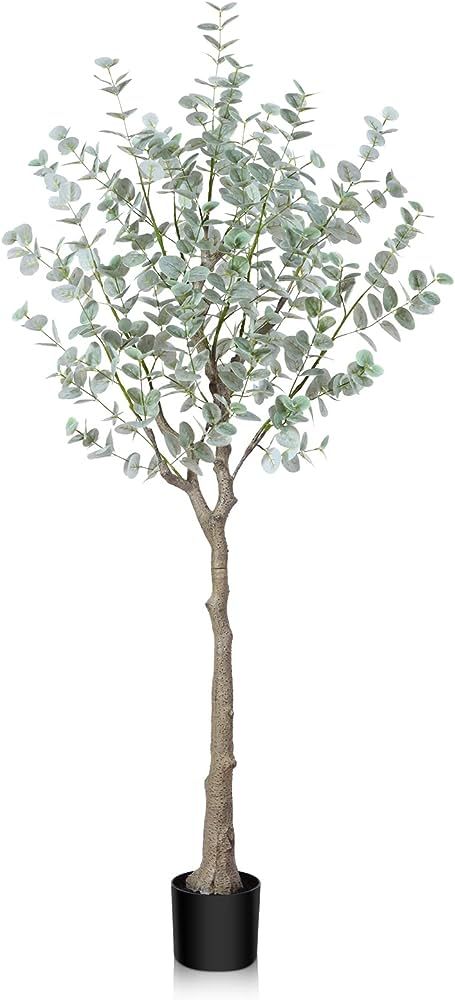 SOGUYI 5ft Artificial Eucalyptus Tree, Fake Eucalyptus Tree with White Silver Dollar Leaves, Silk... | Amazon (US)