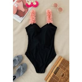 3D Floral Straps Scoop Back Swimsuit in Black | Chicwish