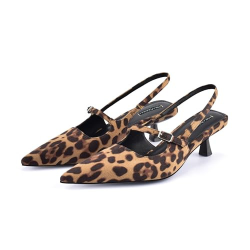 MIRAAZZURRA Leopard Kitten Heels Slingback Pumps Pointed Toe Low Heel Slip On Dress Shoes with Buckle Strap for Dating Party Working Leopard 9.5 | Amazon (US)