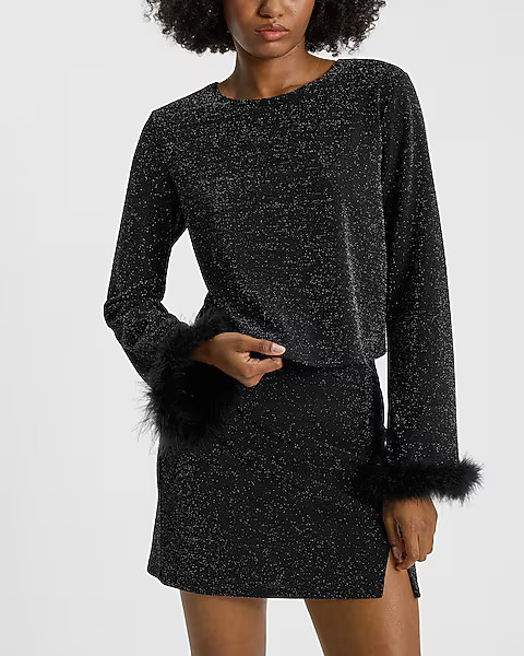 Shine Feather Cuff Long Sleeve Cropped Top | Express