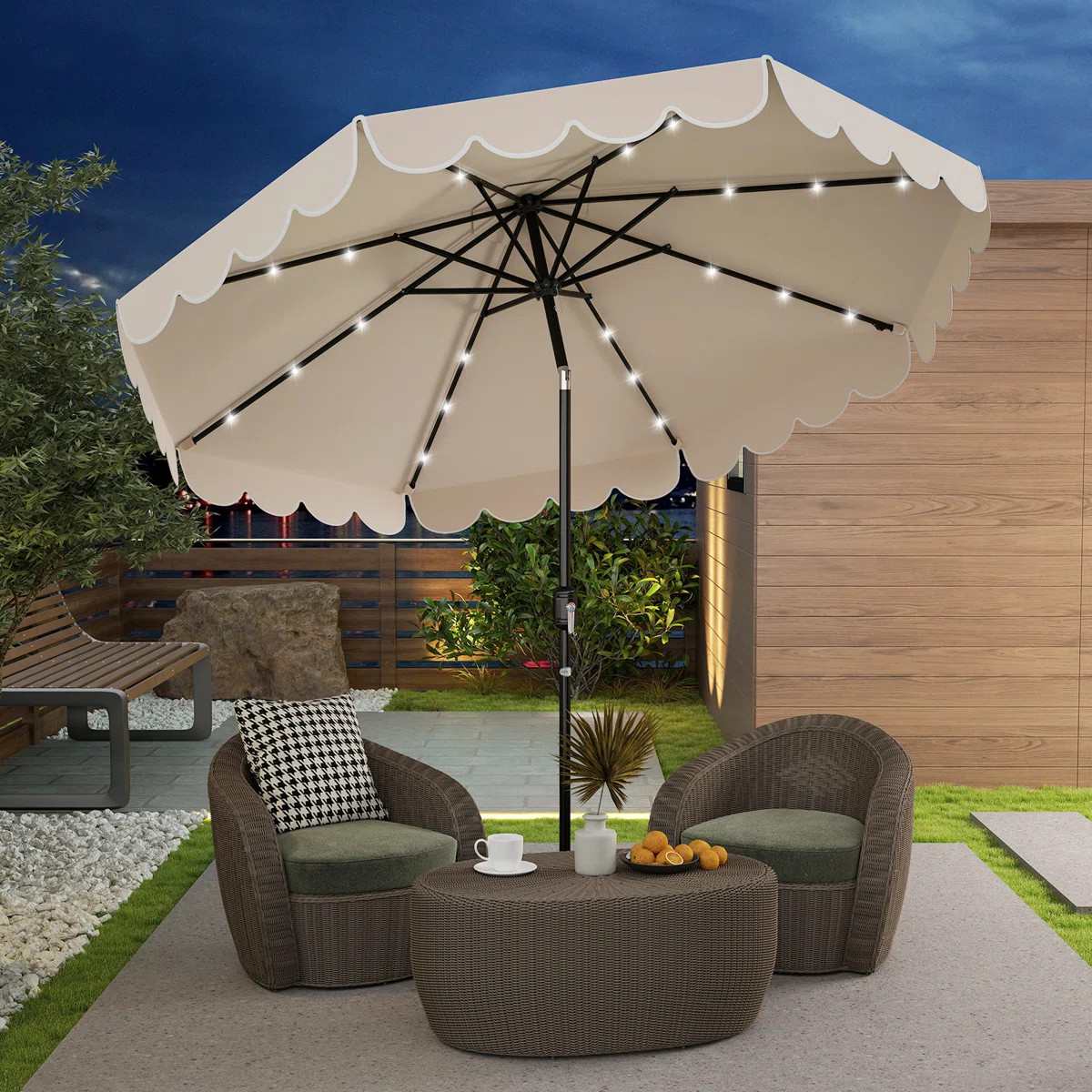 9.3 FT Solar Patio Umbrella w/ 32 LED Lights & Vented Top & Ruffles Beige | Wayfair North America