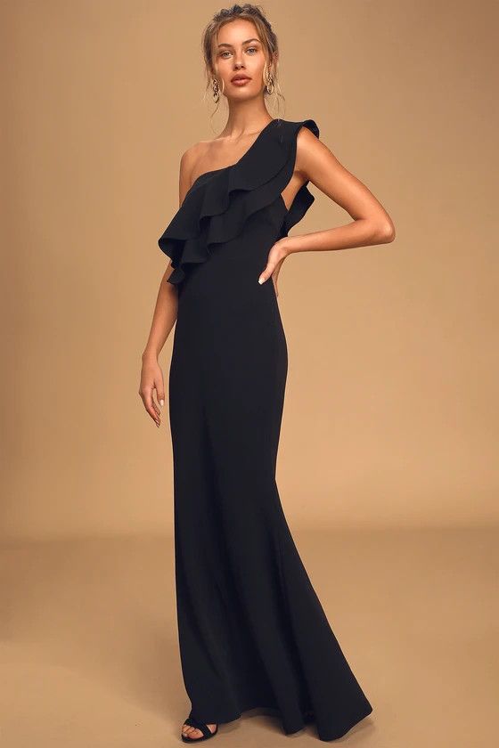 Grand Beauty Black Ruffled One-Shoulder Mermaid Maxi Dress | Wedding Guest Dress  | Lulus (US)