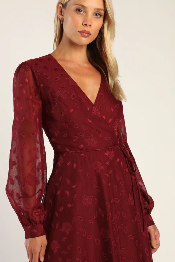 Evening of Elegance Burgundy Floral Jacquard Wrap Midi Dress | Lulus (US)