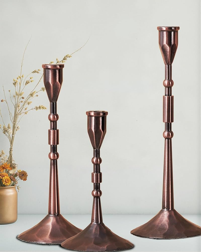 Vintage Taper Candle Holders Set | Handmade 3-Piece Candlestick Decor for Table Centerpiece, Farm... | Amazon (US)