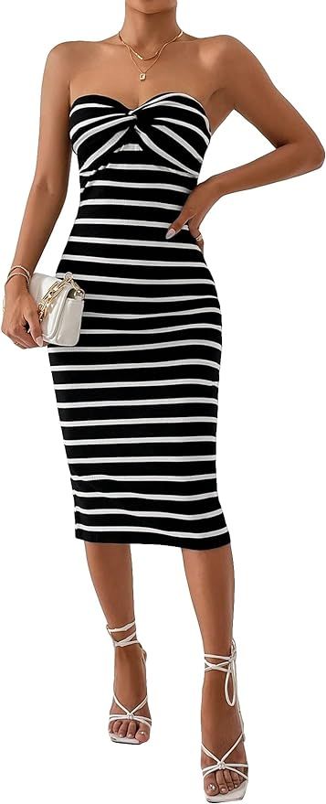 Floerns Women's Striped Twist Front Tube Dress Strapless Sleeveless Bodycon Dresses | Amazon (US)