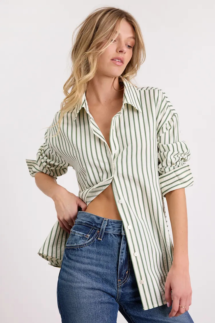 Logan Ivory and Green Striped Cutout Button-Up Long Sleeve Top | Lulus