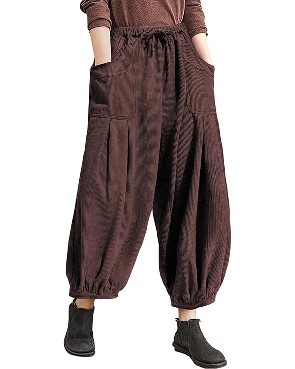 TARSE Womens Corduroy Pants Harem Casual Loose Fit Baggy Elastic Waist Lantern Fall Pants with Po... | Amazon (US)