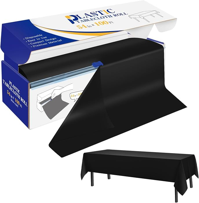 Plastic Table Cover Roll Black Disposable Table Cloth 54 in x 100 Ft, Plastic Table Cloths with S... | Amazon (US)