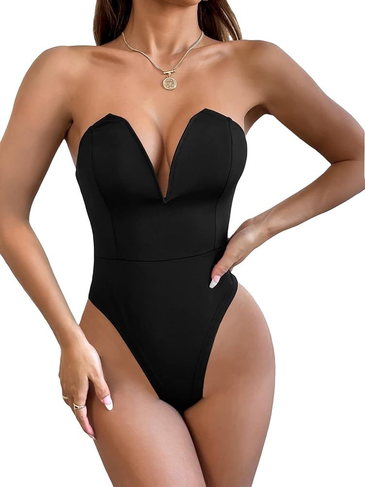 WDIRARA Women's Elegant Sweetheart Backless Skinny Solid Sexy Bodysuit | Amazon (US)
