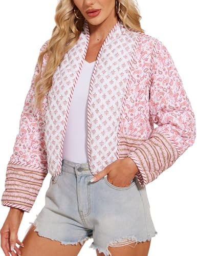Wyeysyt Women's Cropped Puffer Jacket Lightweight Floral Print Long Sleeve Padded Quilted Puffy Cardigan Coat(Z-Pink-M) | Amazon (US)