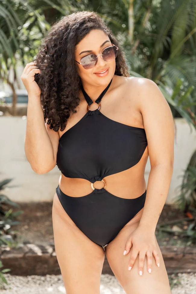 Beach Bliss Black Halter Ring Link One Piece Swimsuit | Pink Lily