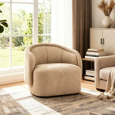 Curved Boucle Beige Accent Chair Boasts Thick Cream - Textured Cushion For Soft Sitting And Relaxation, Ergonomic Seat Extended Base Stability, Simple | Wayfair North America
