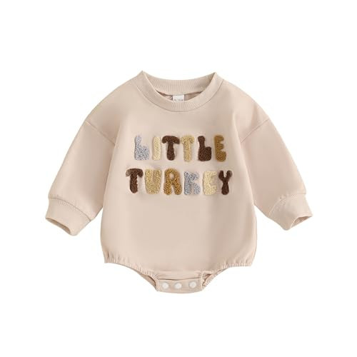 Toddler Boy Thanksgiving Outfit Turkey Sweatshirt Romper Long Sleeve Bubble Onesie Cute First Thanksgiving Baby Boy Outfit (T-Beige Little Turkey,12-18 Months) | Amazon (US)