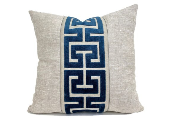 Oatmeal Linen Pillow Cover with Large Navy Greek Key Trim | Etsy | Etsy (US)
