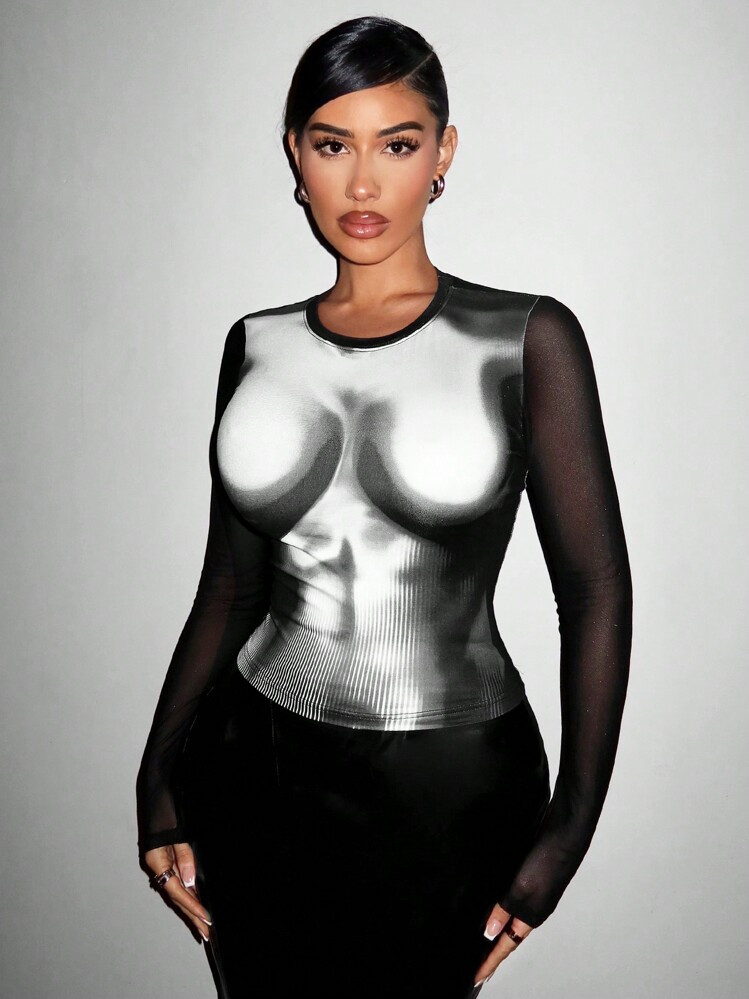 SHEIN SXY Body Morph Figure Graphic Contrast Mesh Teenew Party Outfit Sexy Outfit Sexy Outfits Club Long Sleeve Birthday Outfit Valentine Day Bachelorette Party Spring Women Clothes Concert Long Summer Dress Prom Dress Sexy Dress Valentine Day Dress | SHEIN