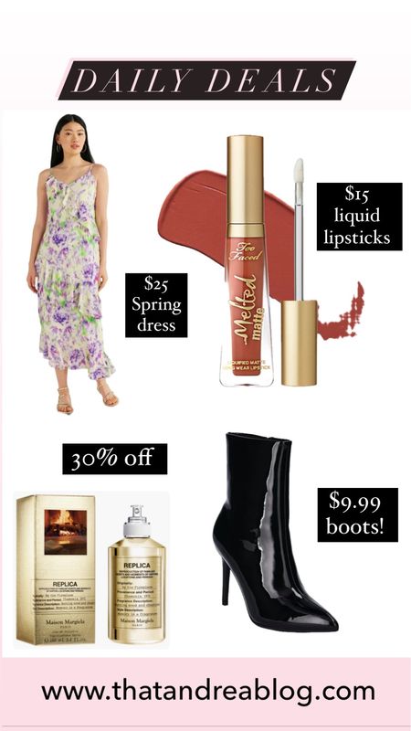 Daily deals 
Liquid lipstick 
Lipstick 
Fragrance 
Black boots 
Boots 
Spring dresses 
Dresses 
Wedding guest dress 
Bridesmaid dress 

#LTKsalealert #LTKstyletip #LTKwedding