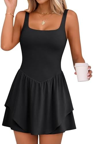 Caracilia Women Tennis Golf Dress with Pocket | Square Neck 2 Layers Hem, Built in Shorts and Bra... | Amazon (US)