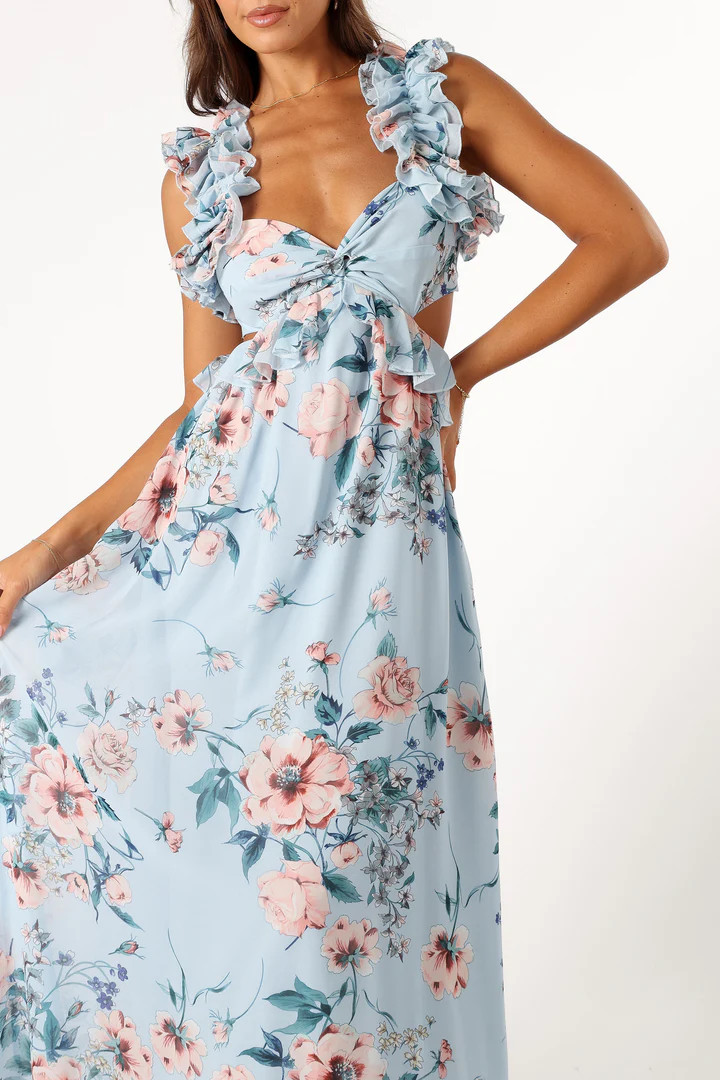 Lucah Frill Shoulder Maxi Dress - Blue Floral | Petal & Pup (US)