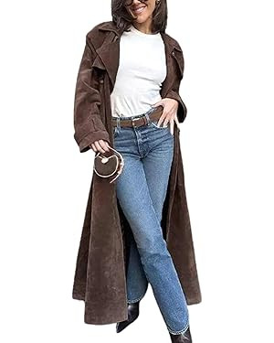 utcoco Womens Faux Suede Long Trench Coat Notched Lapel Double Breasted Pea Coat Overcoat with Be... | Amazon (US)