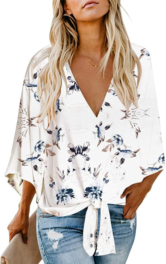 Women’s casual blouse floral batwing sleeve loose fitting shirts BoHo Knot front tops | Amazon (US)