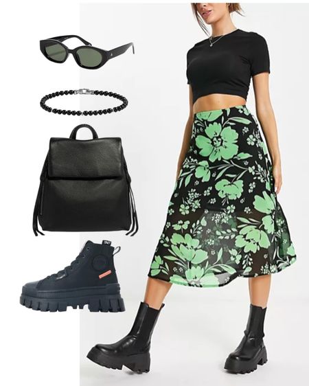 It feels perfect for a “grunge girl loves Halloween vibes” look. Love this black and green floral skirt with the black platforms and black accessories. #floralskirt #asos #nordstrom #blackleatherbag #leatherbackpack #blacksunglasses #falloutfit #halloweenoutfit 