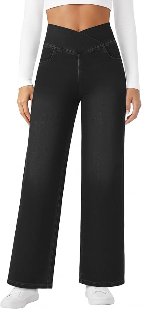 FireSwan Women's Wide Leg Jeans Crossover High Waist Stretchy Denim Pants | Amazon (US)