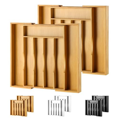 oridom 2-Piece Bamboo Silverware Organizer, Expandable Kitchen Drawer Organizer for Cutlery and Utensils, Multifunction Adjustable Bamboo Wood Cutlery Tray in Drawer for Flatware, (Natural) | Amazon (US)