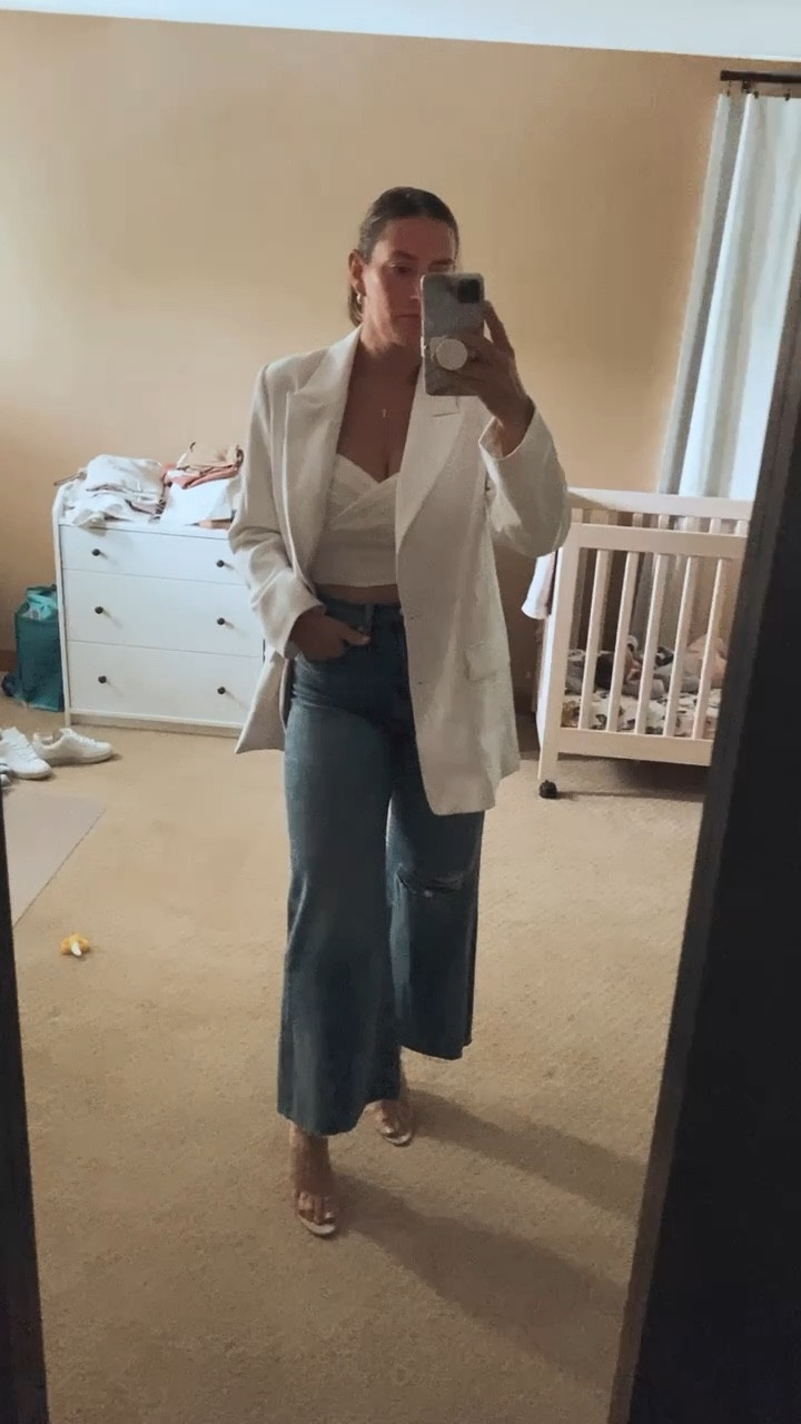 Welcome those spring / summer whites! 
.
I love the bright whites and open toes that signal spring and summer are near or here! 
.
I love my high waist distressed denim with my cropped linen blouse and oversized blazer. I add clear strap heels to elongate the leg and look! 

#LTKSeasonal #LTKshoecrush #LTKstyletip