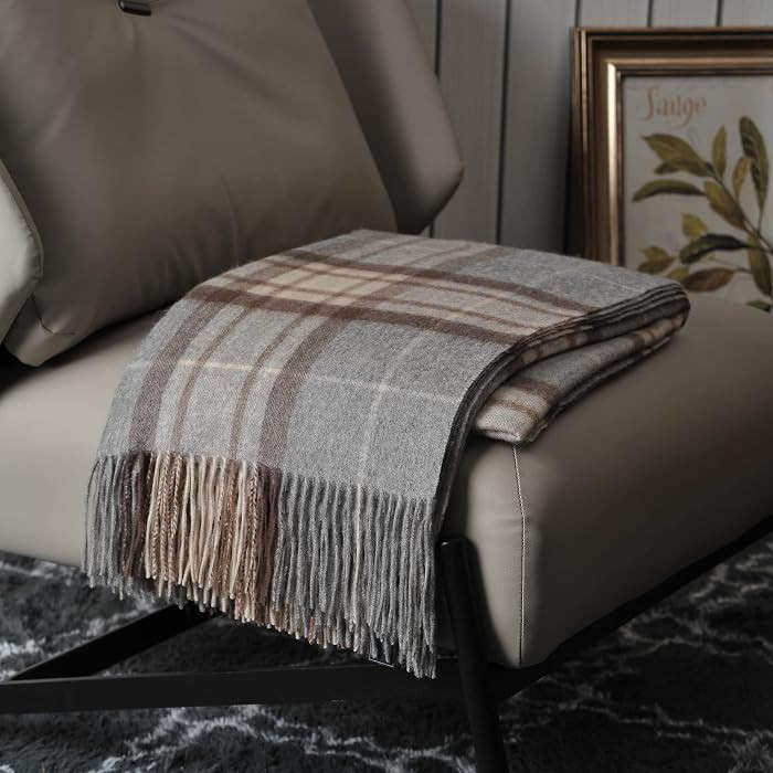 100% Pure Cashmere Throw Blanket for Sofa, Grey Tartan | Amazon (US)