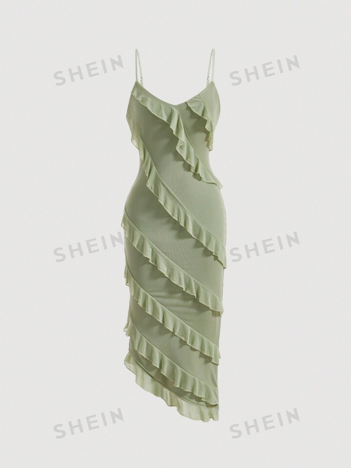 SHEIN MOD Women Summer Casual Asymmetrical Hem Spaghetti Strap Dress With Ruffle Trim | SHEIN