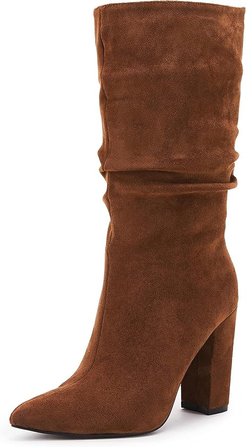 Syktkmx Womens Winter Slouchy High Heel Boots Mid Calf Suede Slip on Chunky Block Pointed Toe Boo... | Amazon (US)