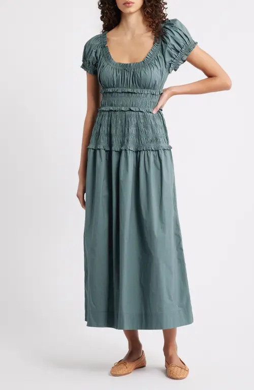 DÔEN Leanne Smock Waist Tiered Organic Cotton Dress in Lagoon at Nordstrom, Size Large | Nordstrom