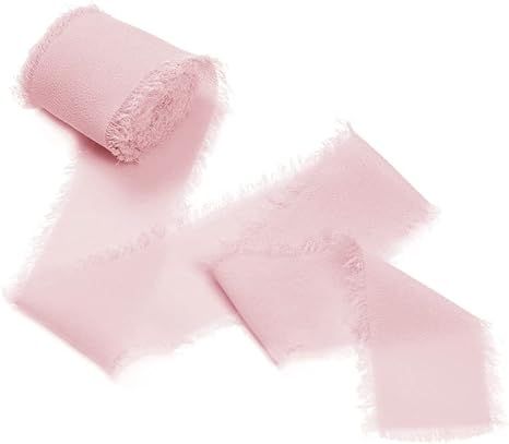 Pink Chiffon Silk Ribbon Handmade Frayed Fringe Invitations Ties for Wedding Decor, Bouquet, Gift... | Amazon (US)