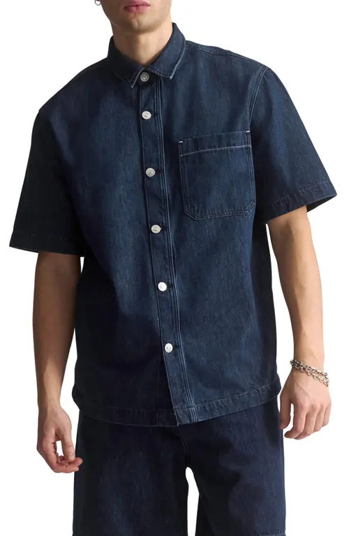 Brooklyn Industries Denim Graphic Short Sleeve Button-Up Shirt in Dark Indigo at Nordstrom, Size X-Large | Nordstrom
