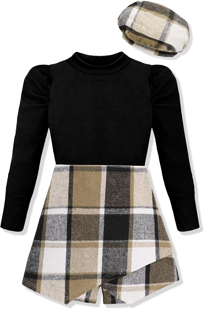 Hipea Girls Clothes 3PCS Sets Long Sleeve Solid Shirt Irregular Hem Skirt Pants with Beret Hats W... | Amazon (US)