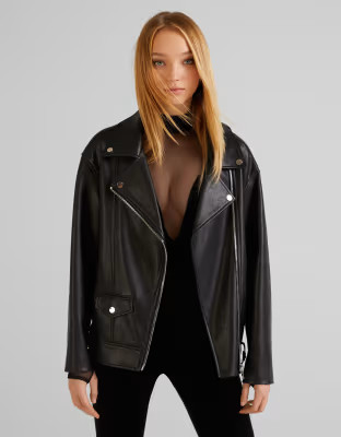 Bershka oversized faux leather biker jacket in black | ASOS | ASOS (Global)