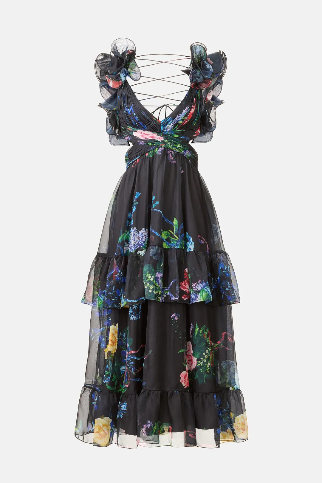 Black Ruffle Tiered Floral Cut-Out Chiffon Dress | Rent the Runway