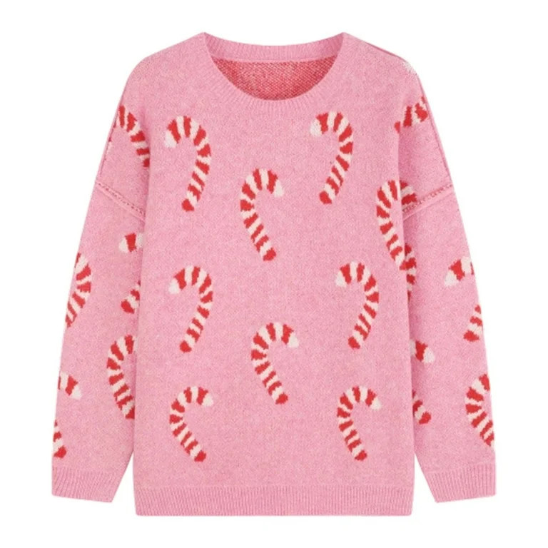 Women's Christmas Sweater Funny Merry Xmas Candy Cane Print Long Sleeve Knit Tops 2025 Holiday Ca... | Walmart (US)