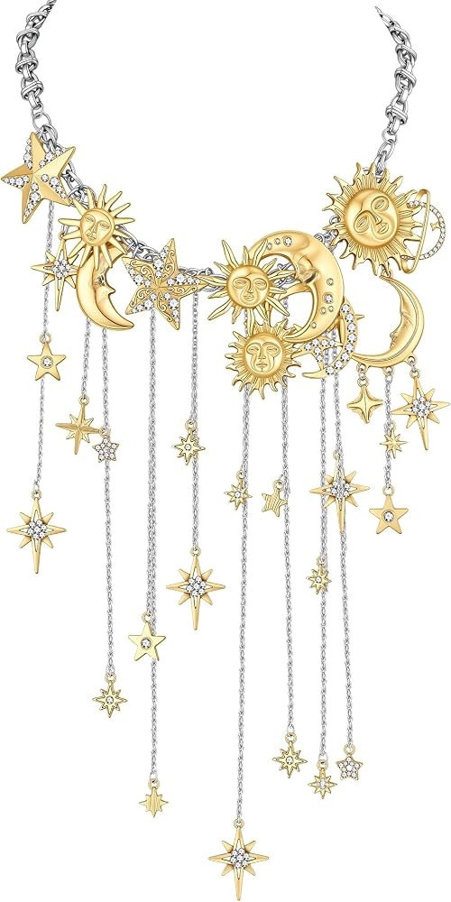 Boho Sun Moon Star Necklace Whimsical Goth Hippie Celestial Jewelry Chunky Gold Statement Choker ... | Amazon (US)