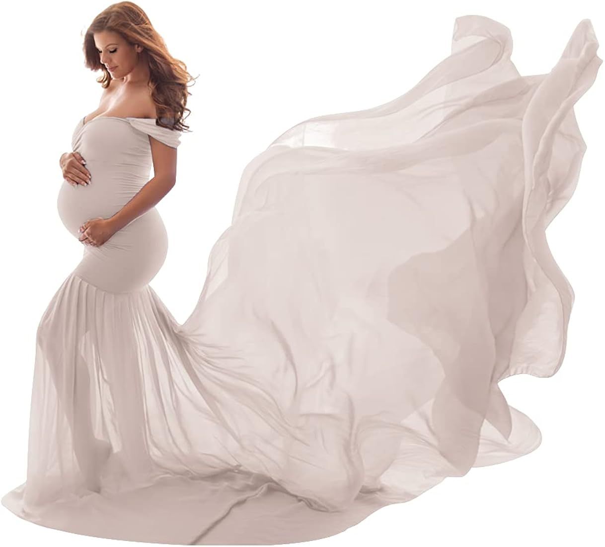 Women Maternity Dress for Photography Mermaid Off Shoulder Slim Fitted Chiffon Gown Flowy Baby Sh... | Amazon (US)