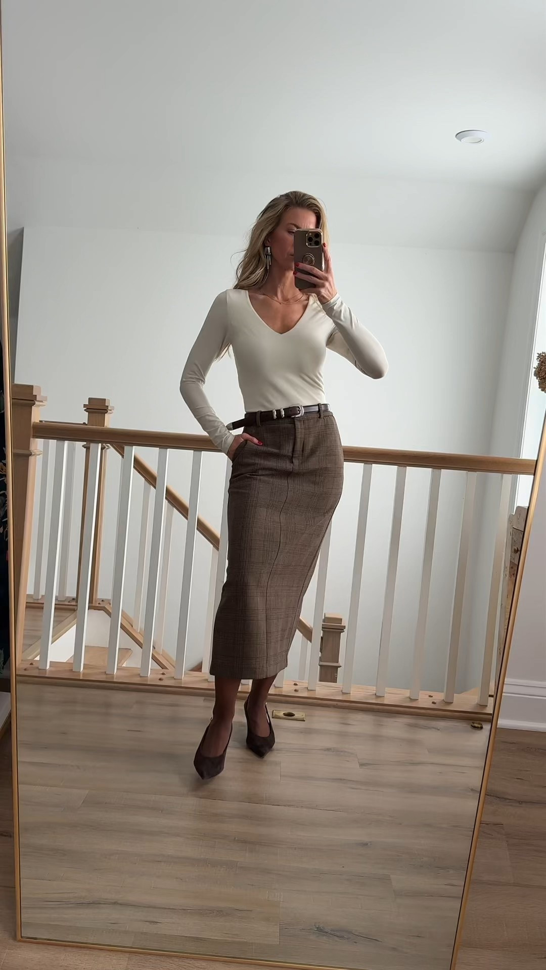 Brown, camel, and cream for church today. 
Cream V-neck bodysuit: runs true to size, wearing a small
Brown plaid pencil skirt: runs through to size, wearing a 2
Camel wool cashmere coat: runs TTS, wearing a S
Suede chocolate brown heels: runs TTS 

#LTKParties #LTKHoliday #LTKWorkwear