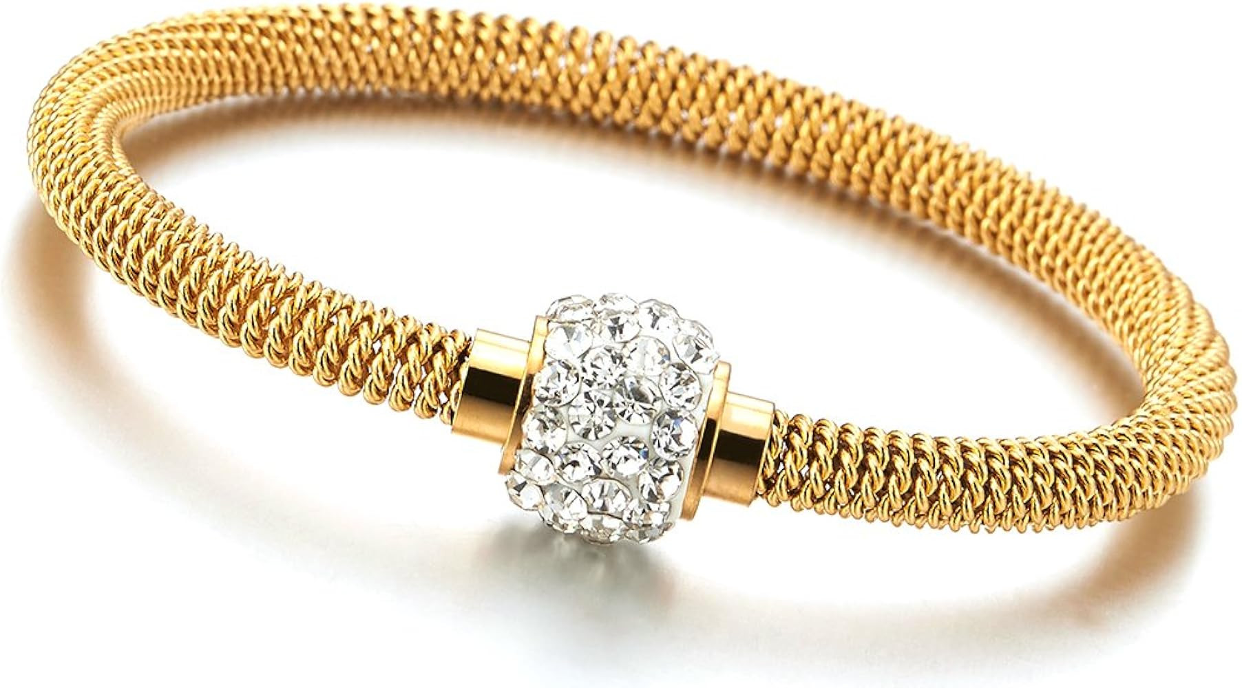 COOLSTEELANDBEYOND Gold Color Stainless Steel Cable Bangle Bracelet with Cubic Zirconia Charm and... | Amazon (US)