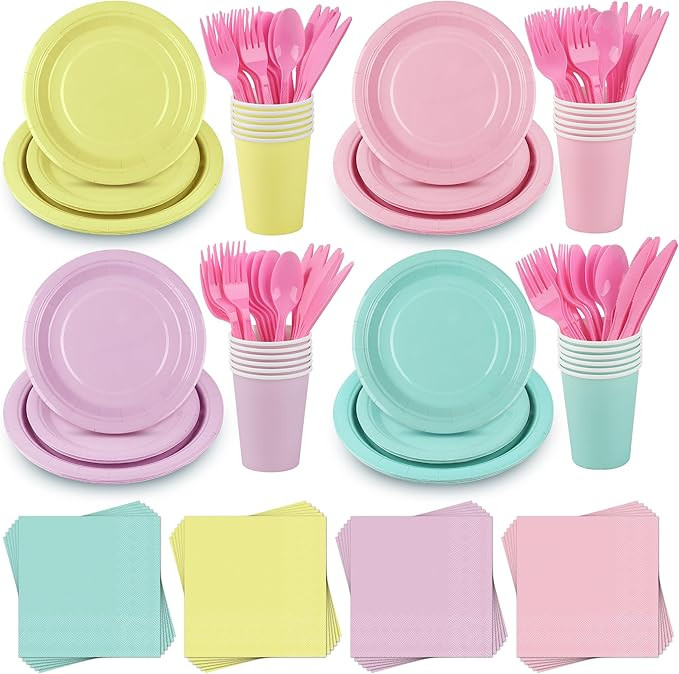 durony 192 Pcs Pastel Party Supplies Paper Plates Cups Napkins Macaron Color Pink Cutlery Plastic... | Amazon (US)