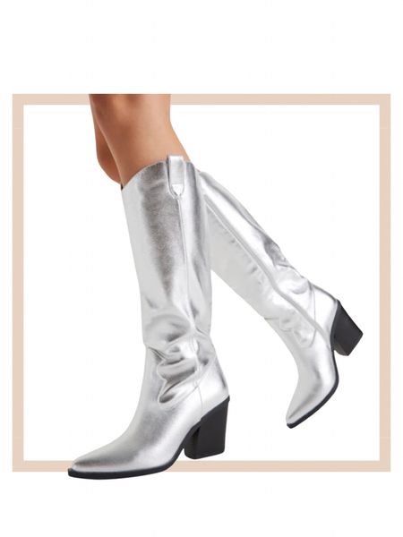 Silver metallic pointed toe knee high western boots

#LTKstyletip #LTKfindsunder100 #LTKshoecrush
