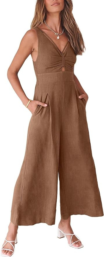 ANRABESS Womens Jumpsuits Summer Linen Wide Leg Sleeveless V Neck Casual Dressy Rompers Pants 202... | Amazon (US)