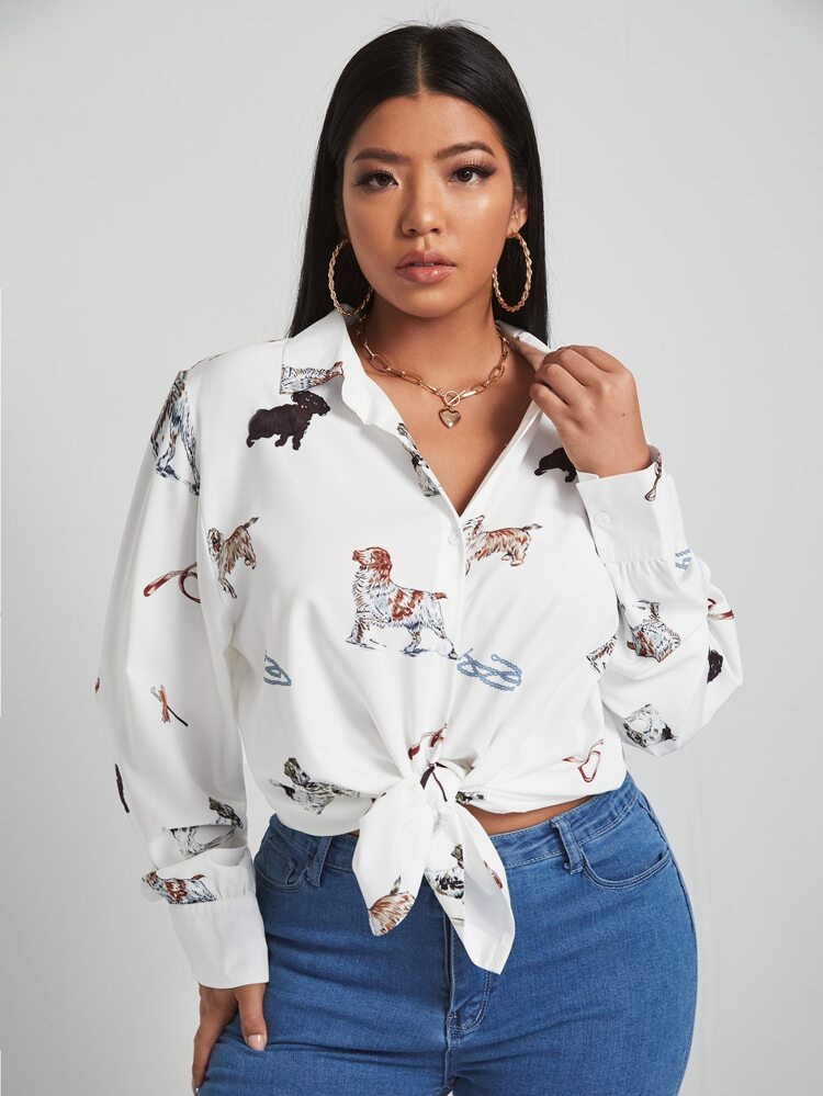 Plus Dog Print Button Front Longline Blouse | SHEIN