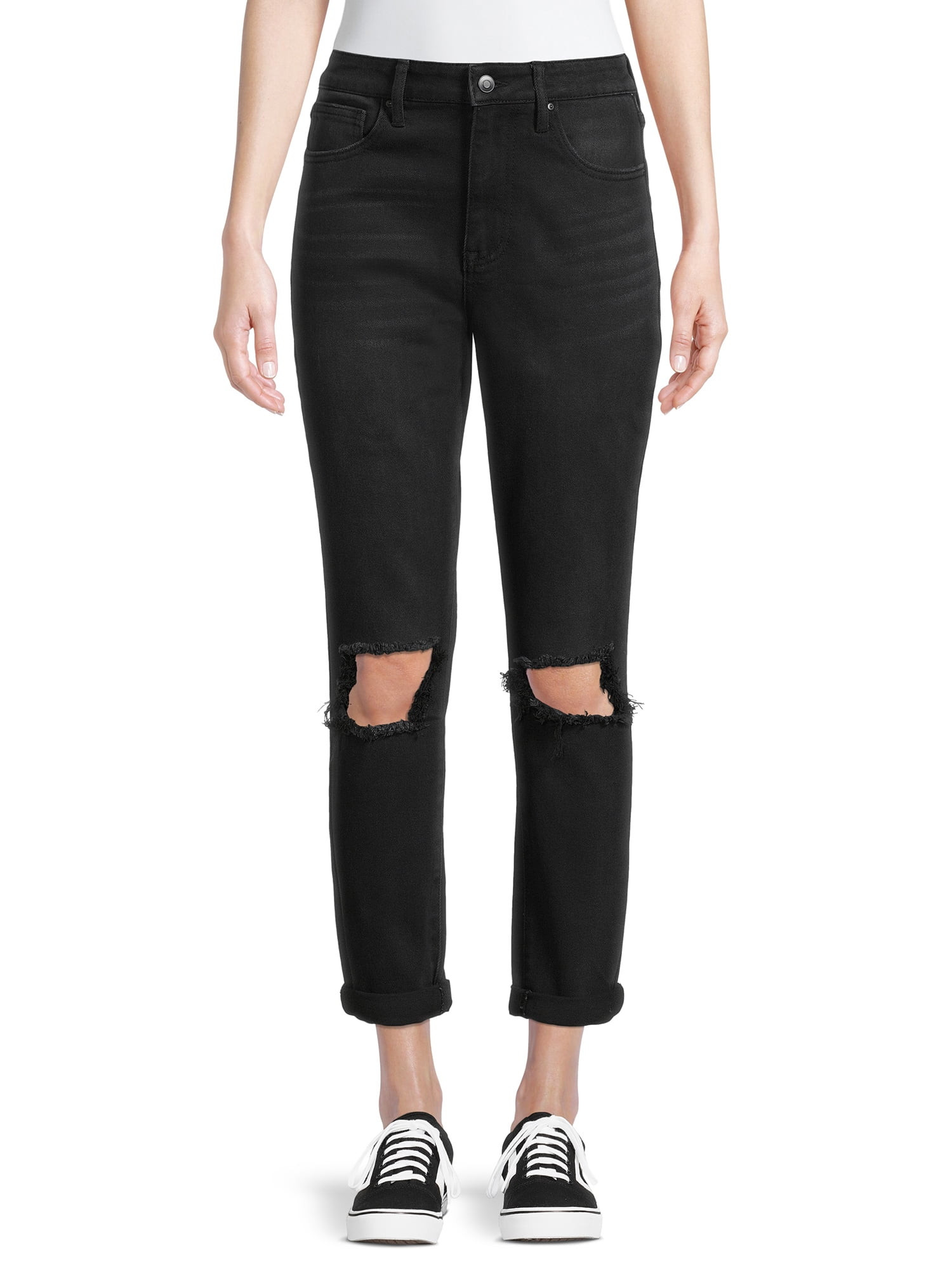 No Boundaries Juniors Super High Rise Destructed Mom Jeans - Walmart.com | Walmart (US)